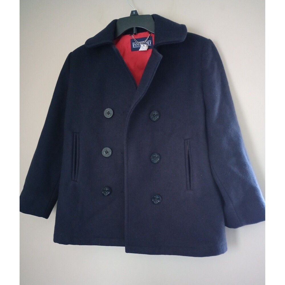 VINTAGE Lands' End Navy Blue 100% Wool Pea Coat Size 8